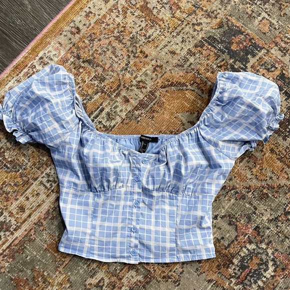 Baby Blue Plaid Puff Sleeve Crop Top Daisy Duke Medium - Picture 2 of 11